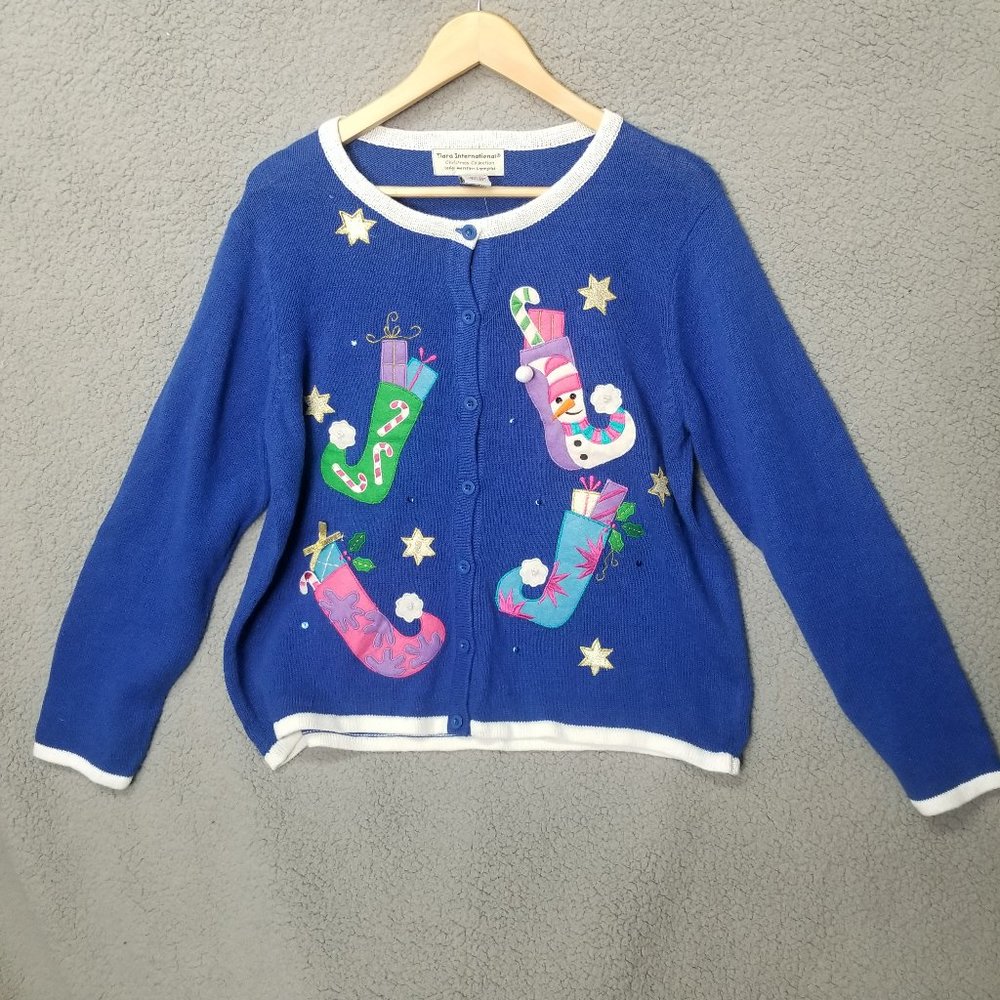 TIARA INTERNATIONAL Women's Royal Blue Christmas Snowman Cardigan Sweater XL